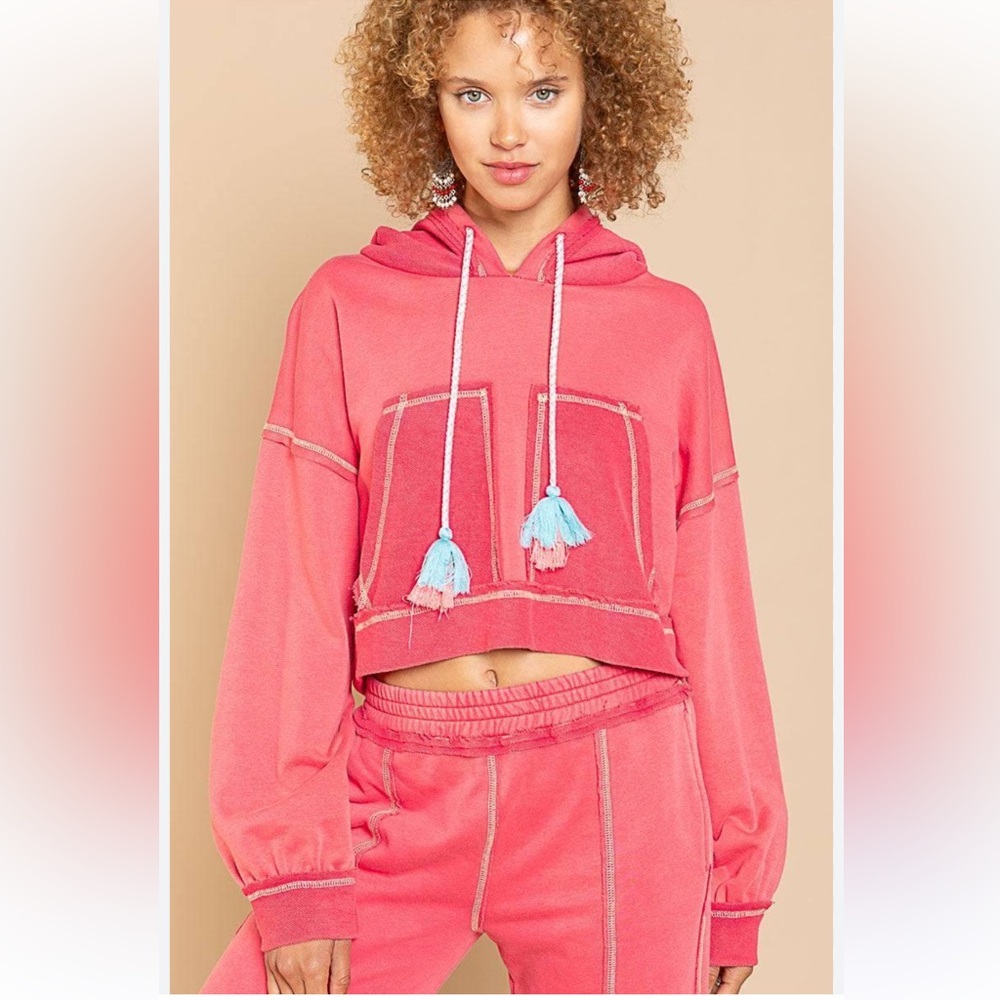 POL Flamingo Crop Tassel Tie Hoodie large